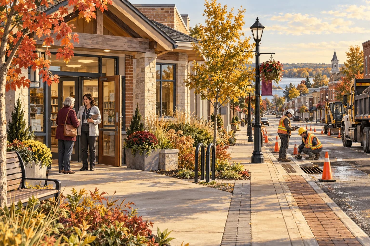 Conceptual small-town library and service centre with a resident speaking to staff and professionals inspecting a safely marked road work area.